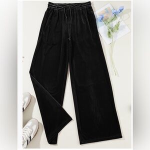 NY & COMPANY BLACK VELOUR WIDE LEG DRAWSTRING SWEATPANTS/ LOUNGEWEAR | SZ Large